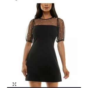 B. Darlin JR Black Skater Dress 3/4 Sheer Pearl Mesh Puff Sleeves Y2k Whimsigoth